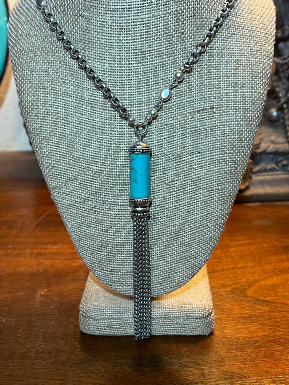 Chico’s Turquoise Tassel Silver colored Pendant Necklace 32in NWT